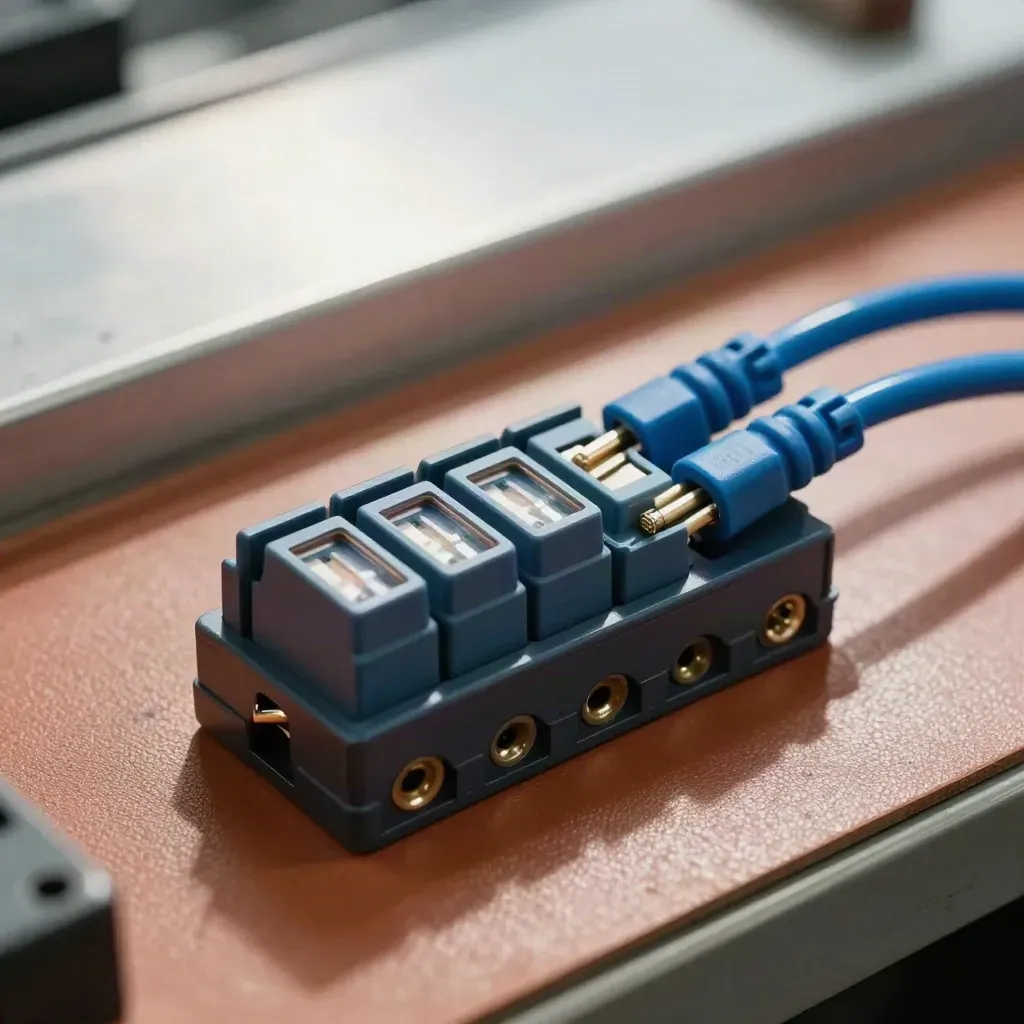 Bloque de fusibles, relés y cables de batería sobre un banco de taller terracota.