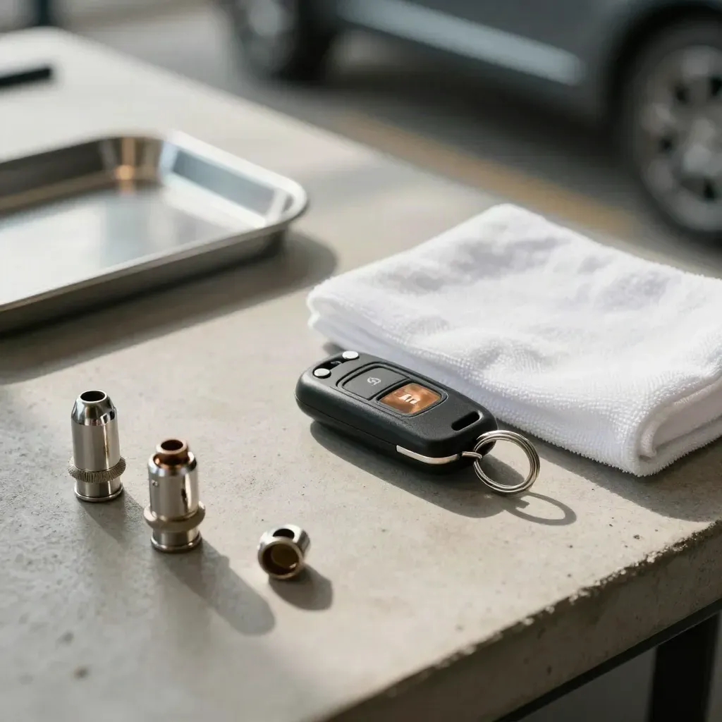 Llave de coche limpia, paño de microfibra y tapones de válvula sobre banco de taller.