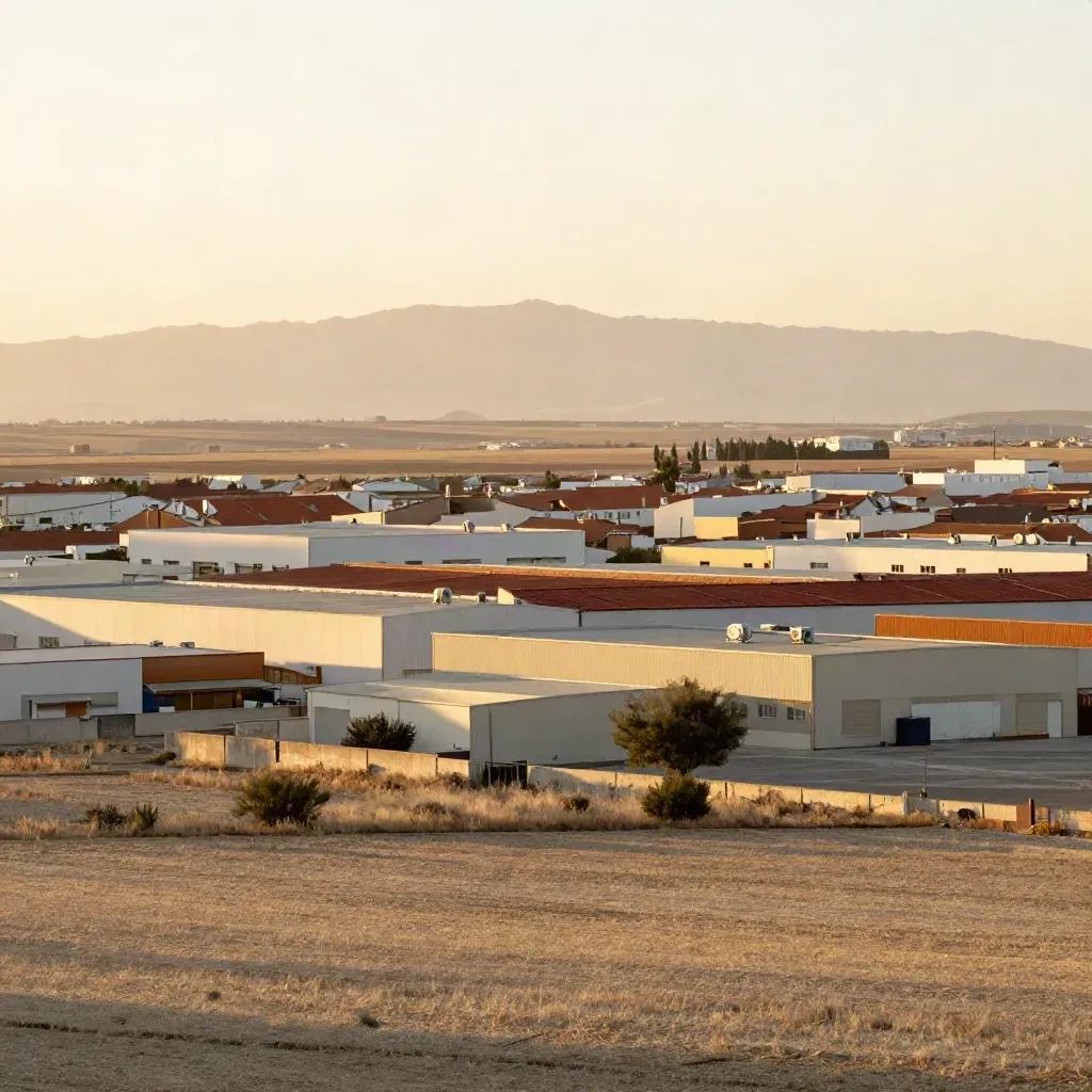 Panorama dorado del sur de Madrid con naves bajas, tejados residenciales y sierra lejana